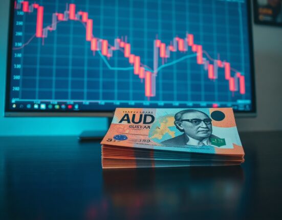 Stack of Australian Dollar banknotes with a blurry background showing a declining AUD/USD chart.