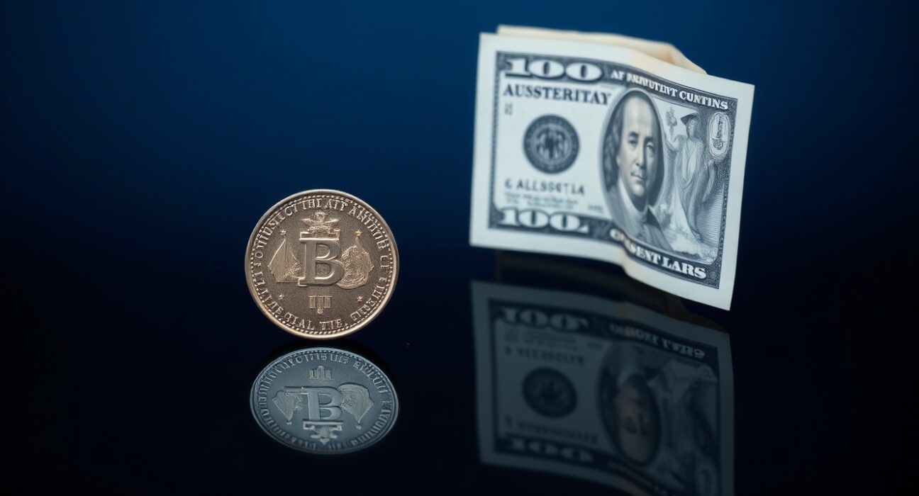 Australian Dollar coin and US Dollar bill on a reflective surface