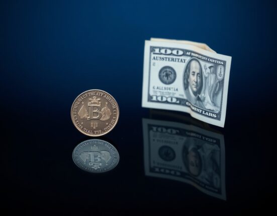 Australian Dollar coin and US Dollar bill on a reflective surface