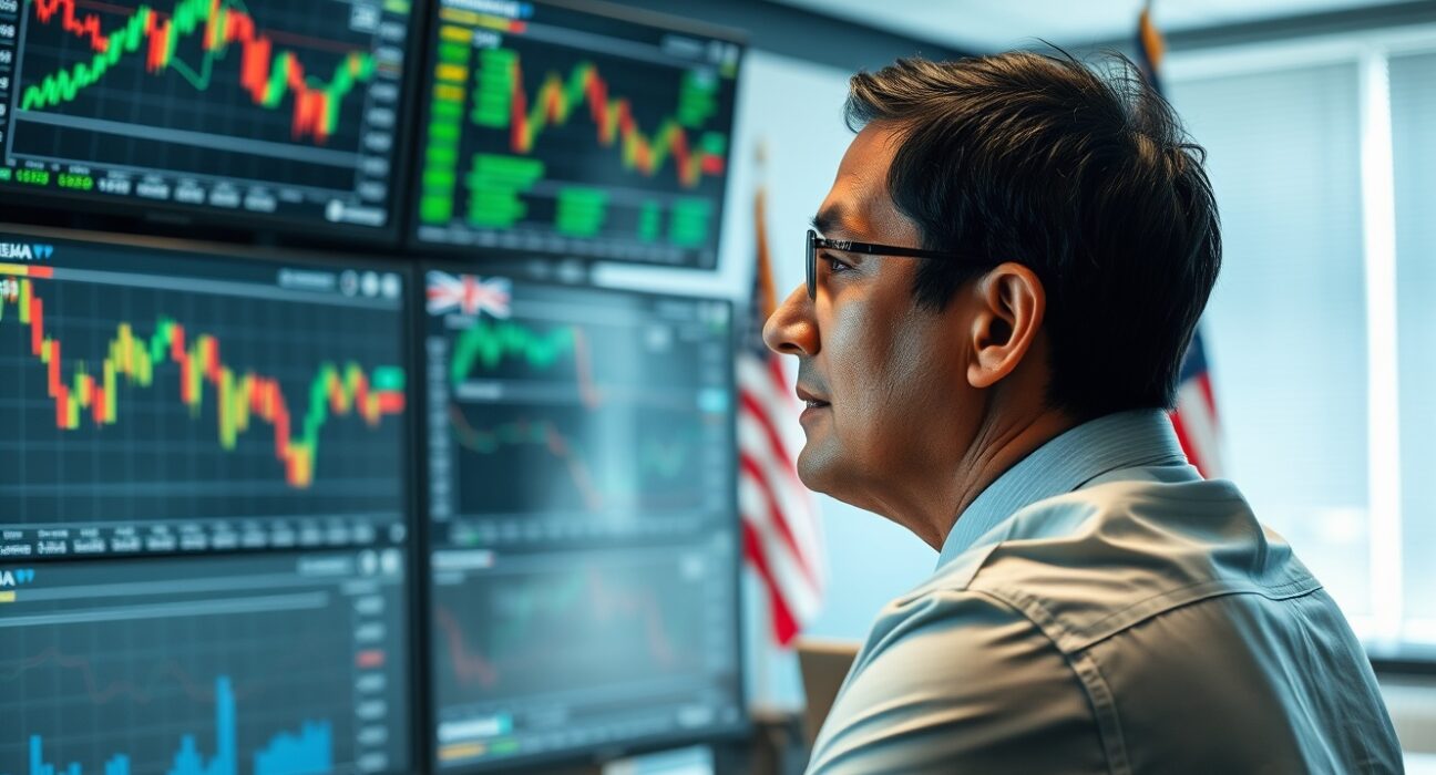 Financial analyst monitoring forex charts and US economic data on multiple screens.