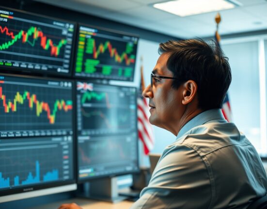 Financial analyst monitoring forex charts and US economic data on multiple screens.