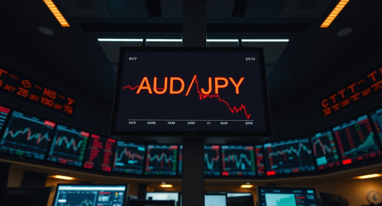 Digital trading screen showing AUD/JPY exchange rate in decline after soft CPI data release.