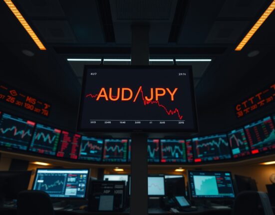 Digital trading screen showing AUD/JPY exchange rate in decline after soft CPI data release.