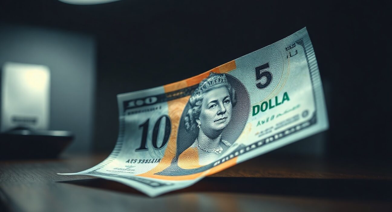 Australian Dollar and US Dollar banknotes on a desk, representing currency market weakness.