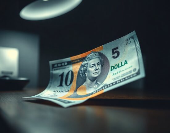 Australian Dollar and US Dollar banknotes on a desk, representing currency market weakness.