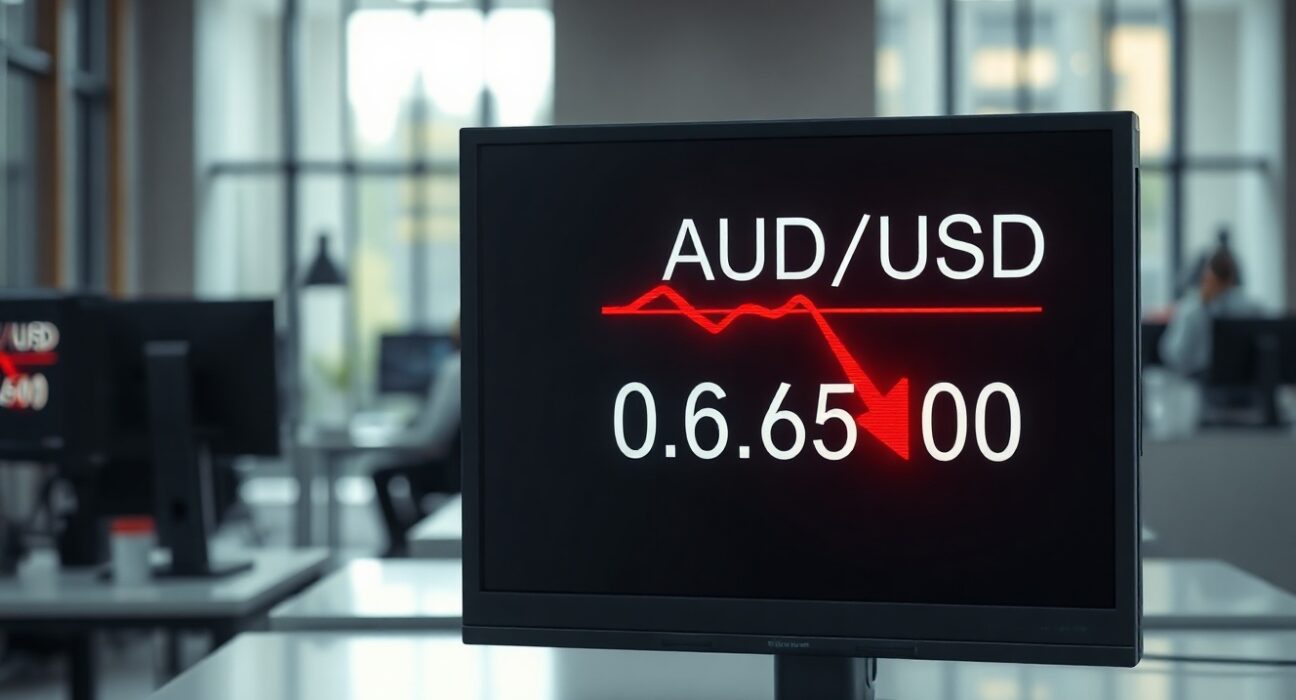 AUD/USD exchange rate display showing a decline on a trading floor screen.