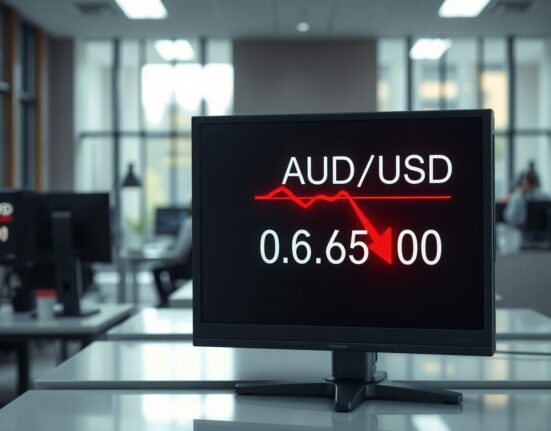 AUD/USD exchange rate display showing a decline on a trading floor screen.