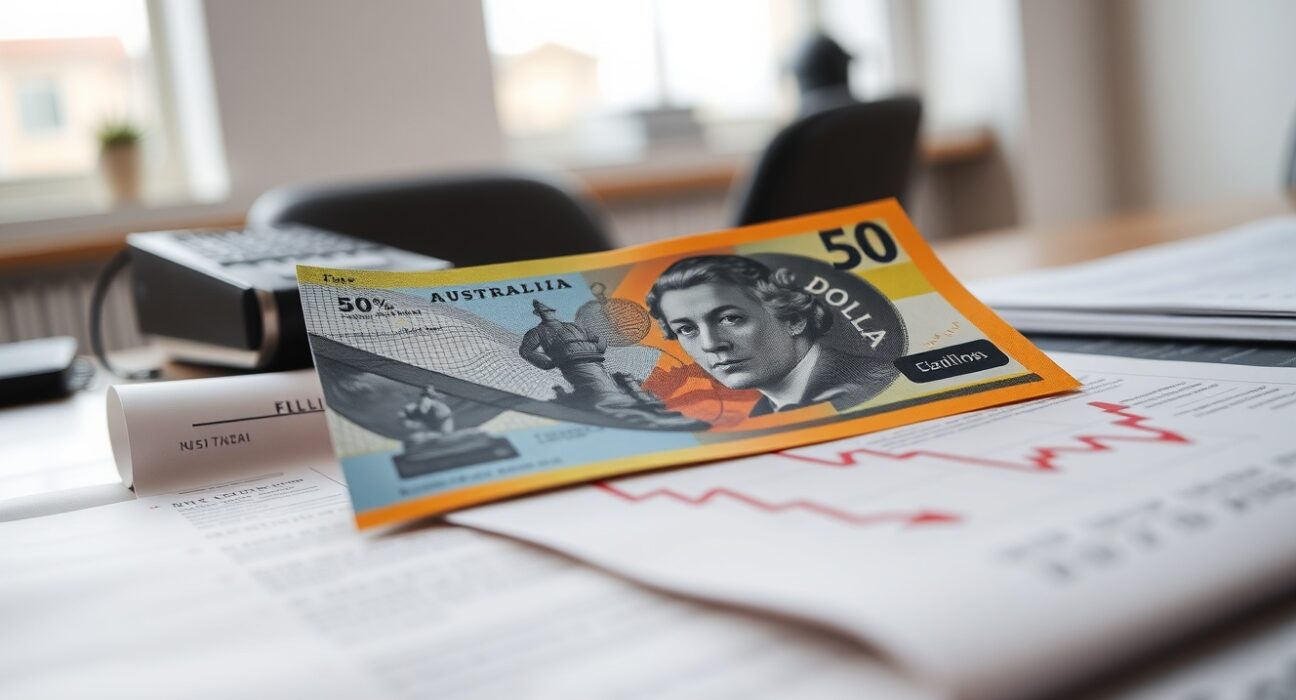 Australian Dollar banknote on a financial chart with a downward trend line.