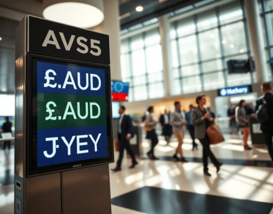 Currency exchange board showing AUD and JPY rates in a financial district