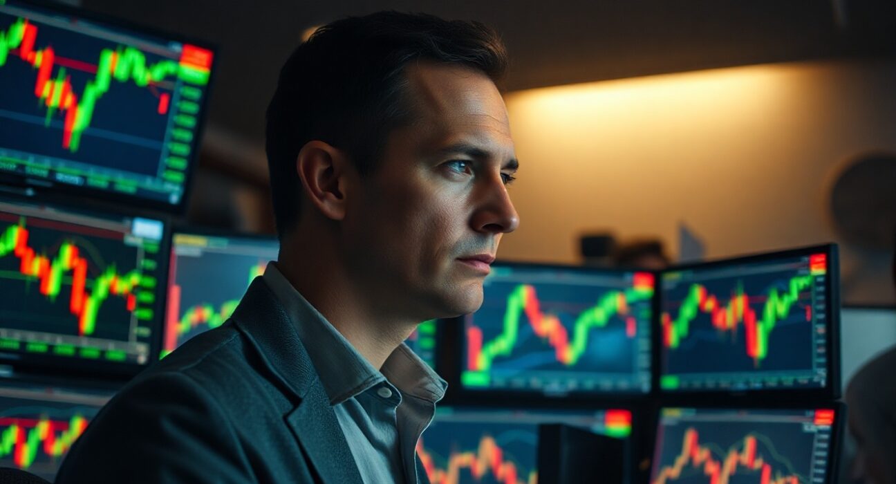 Trader monitoring forex charts showing AUD/USD and USD/JPY in a dimly lit trading floor