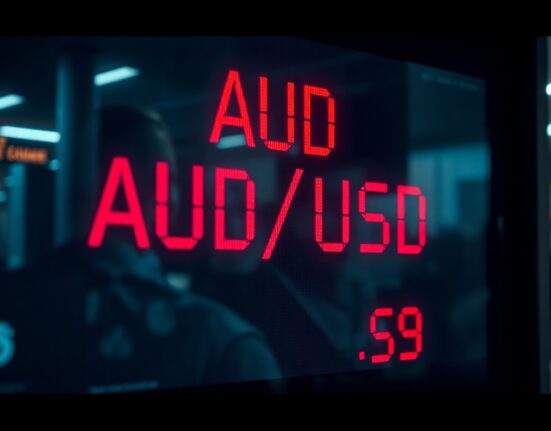 AUD/USD exchange rate display on a financial screen in a trading environment