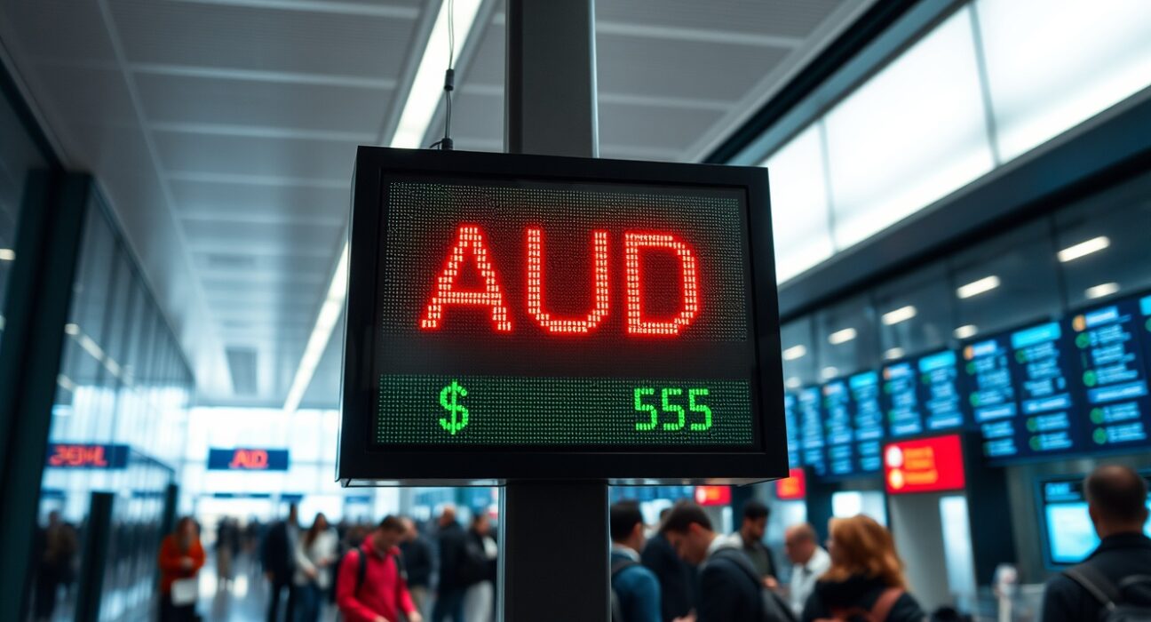 AUD/USD exchange rate display showing decline against a strong US dollar in a financial setting.