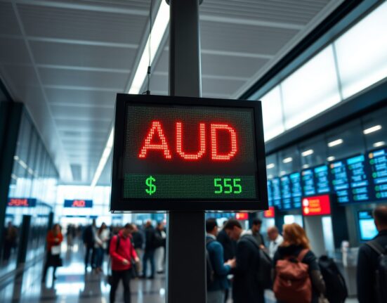 AUD/USD exchange rate display showing decline against a strong US dollar in a financial setting.