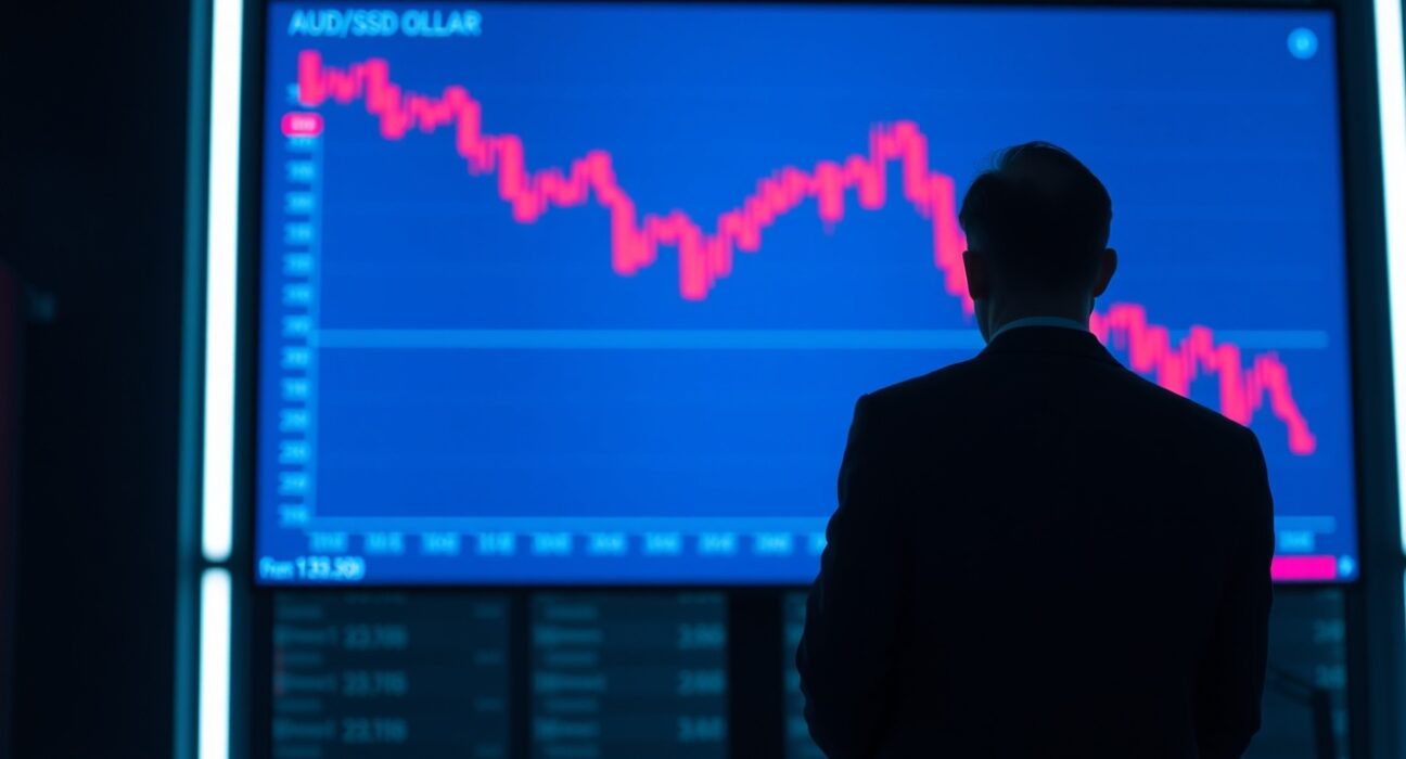 AUD/USD chart showing a downward trend on a digital screen in a dimly lit trading room.