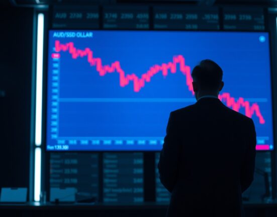 AUD/USD chart showing a downward trend on a digital screen in a dimly lit trading room.