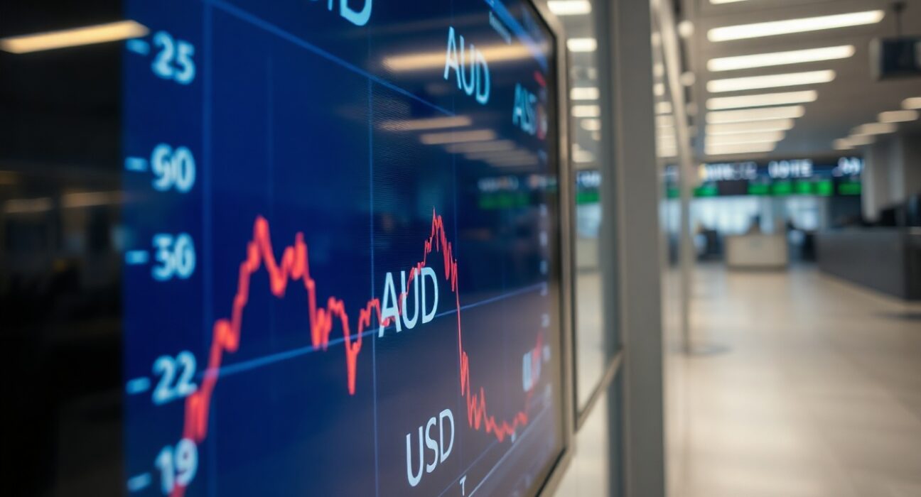 AUD/USD currency exchange chart showing decline against the US Dollar