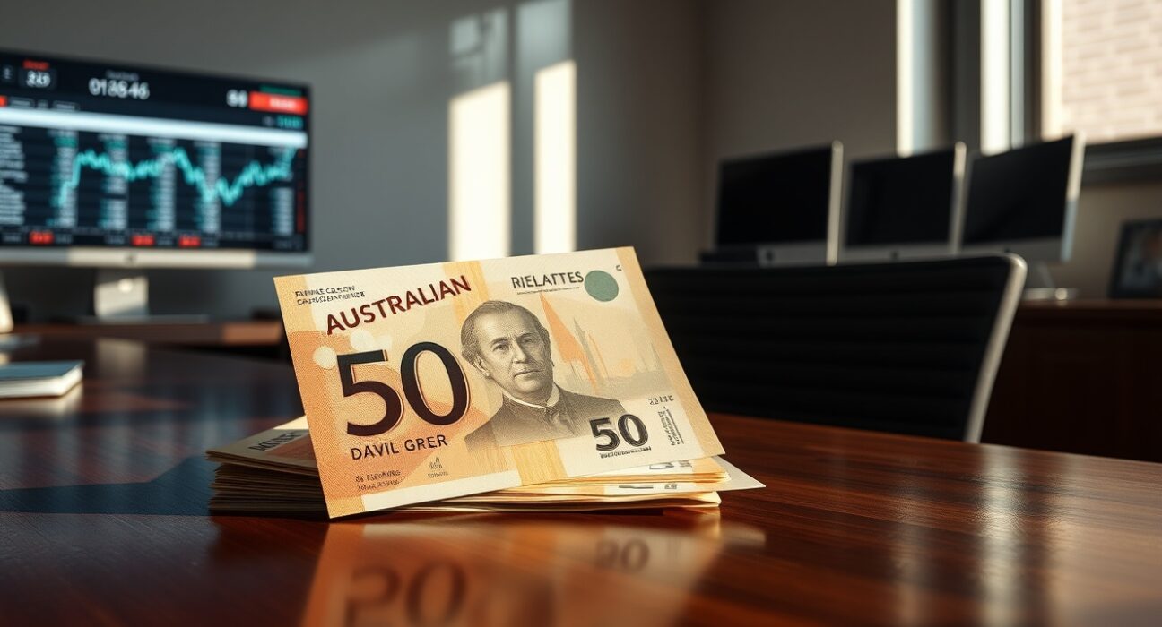 Australian Dollar value declines on chart despite strong trade surplus data, illustrating currency market complexity.