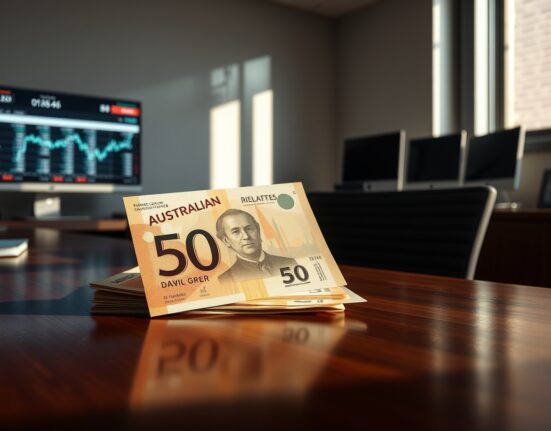 Australian Dollar value declines on chart despite strong trade surplus data, illustrating currency market complexity.