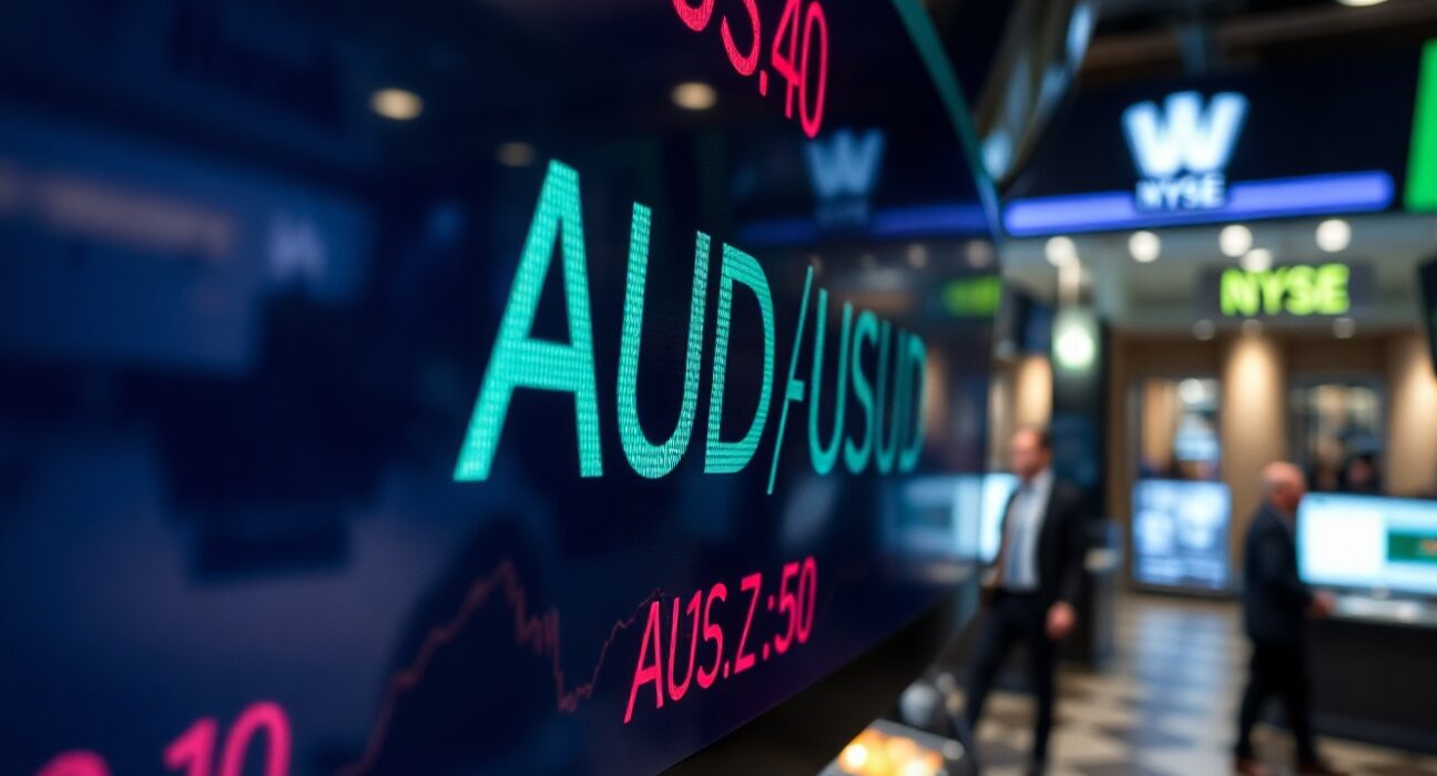 AUD/USD currency pair on a financial screen with a trading floor in the background