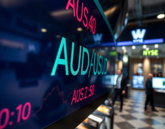 AUD/USD currency pair on a financial screen with a trading floor in the background