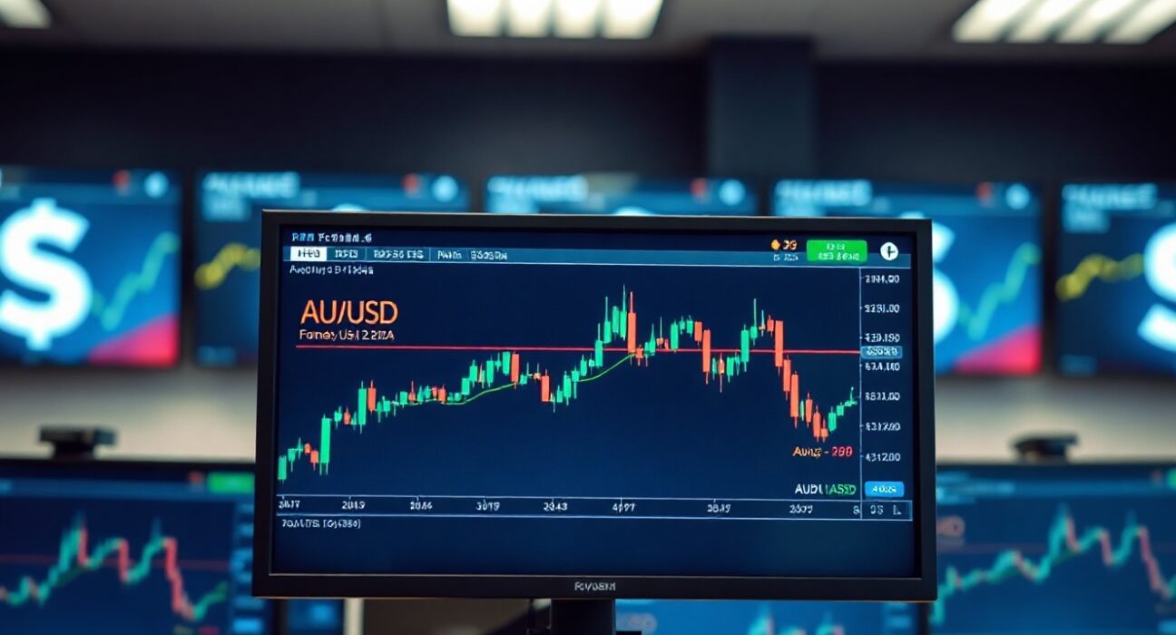 AUD/USD trading chart on a screen in a financial office, showing the Australian Dollar slipping against the US Dollar.