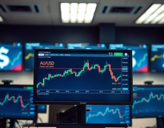 AUD/USD trading chart on a screen in a financial office, showing the Australian Dollar slipping against the US Dollar.