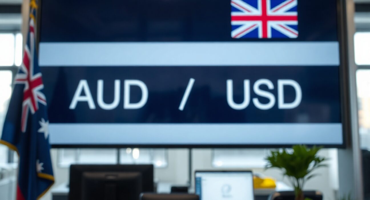 AUD/USD exchange rate display on a trading floor with flags in background