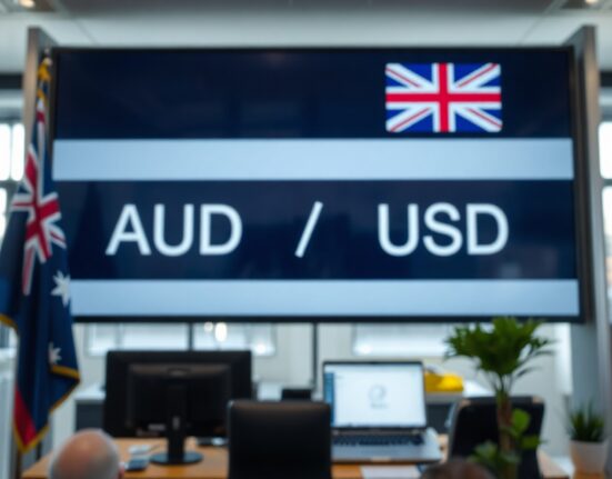 AUD/USD exchange rate display on a trading floor with flags in background