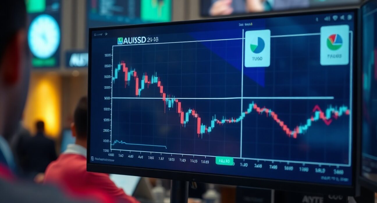 AUD/USD currency chart showing downward movement on a trading screen
