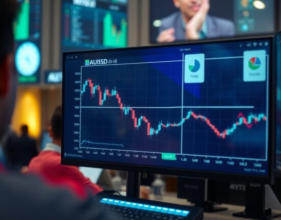 AUD/USD currency chart showing downward movement on a trading screen