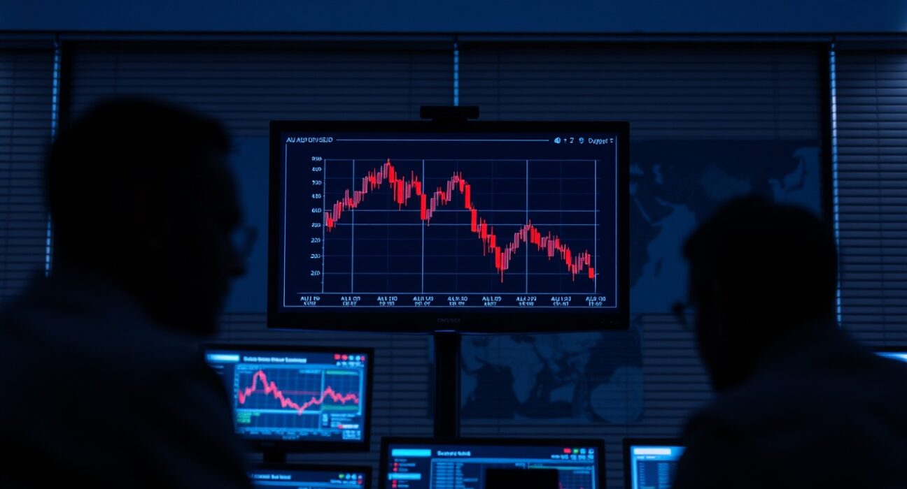 Forex trading desk monitors showing falling AUD/USD chart amid geopolitical tensions