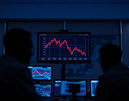 Forex trading desk monitors showing falling AUD/USD chart amid geopolitical tensions