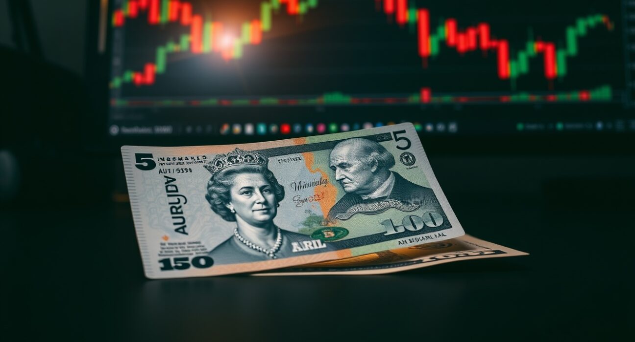 Australian Dollar and US Dollar banknotes on a desk with a financial chart in the background