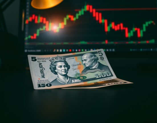 Australian Dollar and US Dollar banknotes on a desk with a financial chart in the background