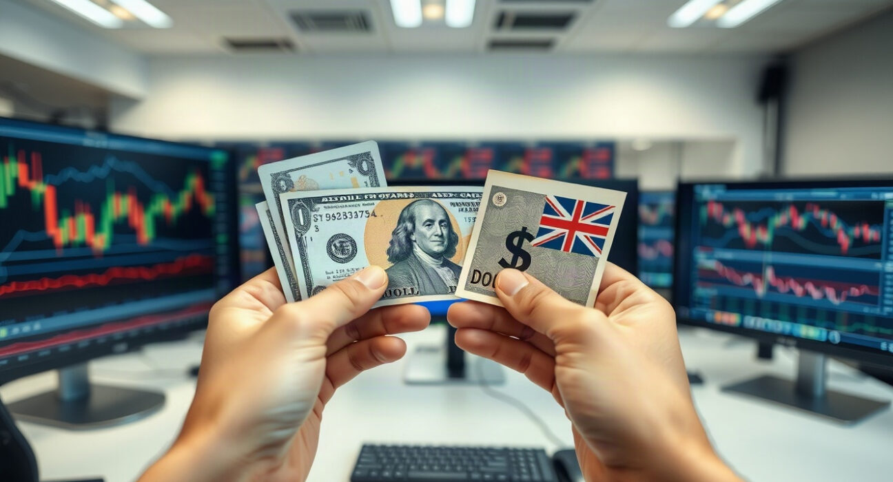 Hands holding US and Australian dollar banknotes with a financial trading screen in the background