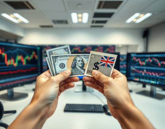 Hands holding US and Australian dollar banknotes with a financial trading screen in the background