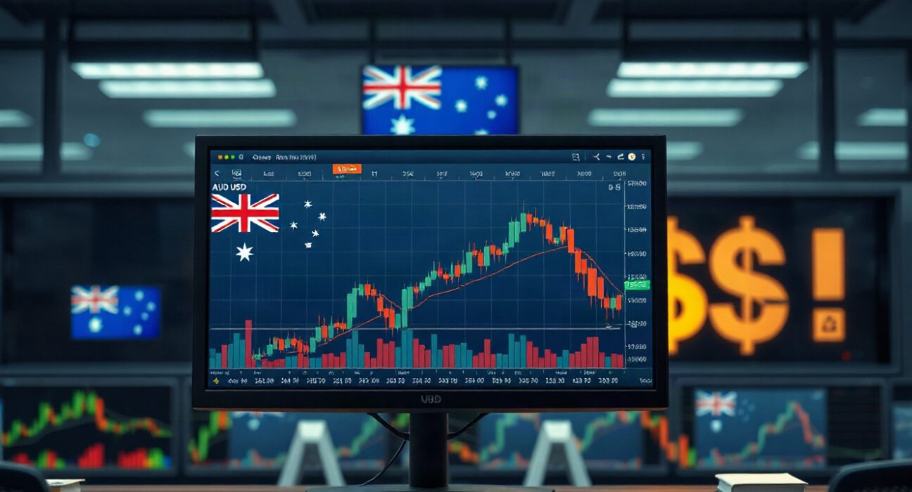 AUD/USD currency chart on a trading screen with Australian and US flags in the background