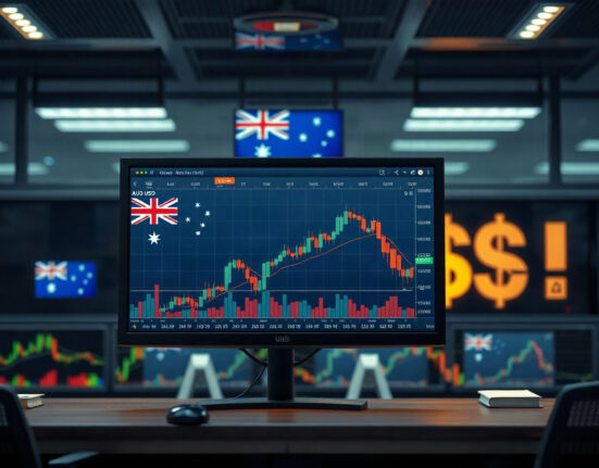 AUD/USD currency chart on a trading screen with Australian and US flags in the background