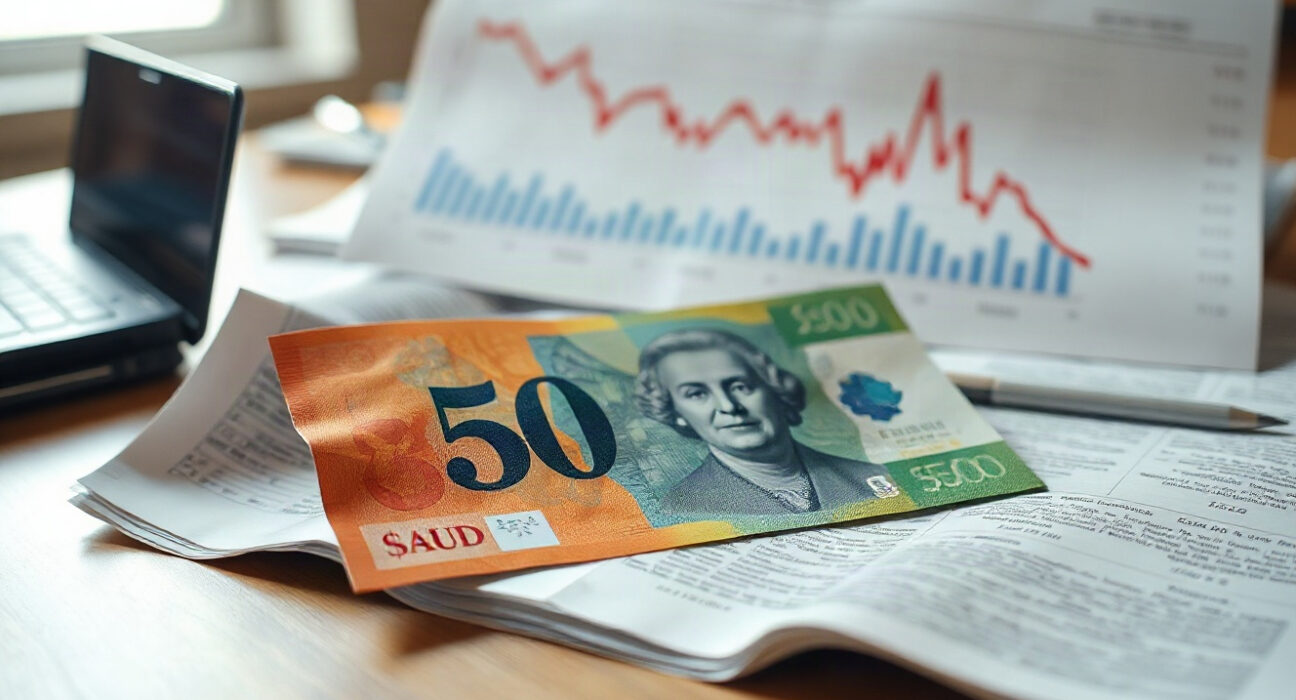 Australian Dollar banknote on a financial newspaper with a declining chart, symbolizing currency market reaction to jobs data