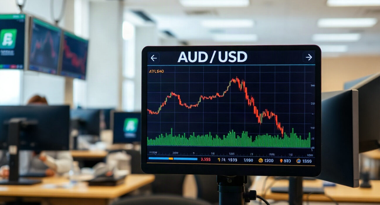 AUD/USD currency pair on a trading screen showing a decline after weak Australian labor data