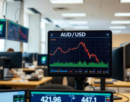 AUD/USD currency pair on a trading screen showing a decline after weak Australian labor data