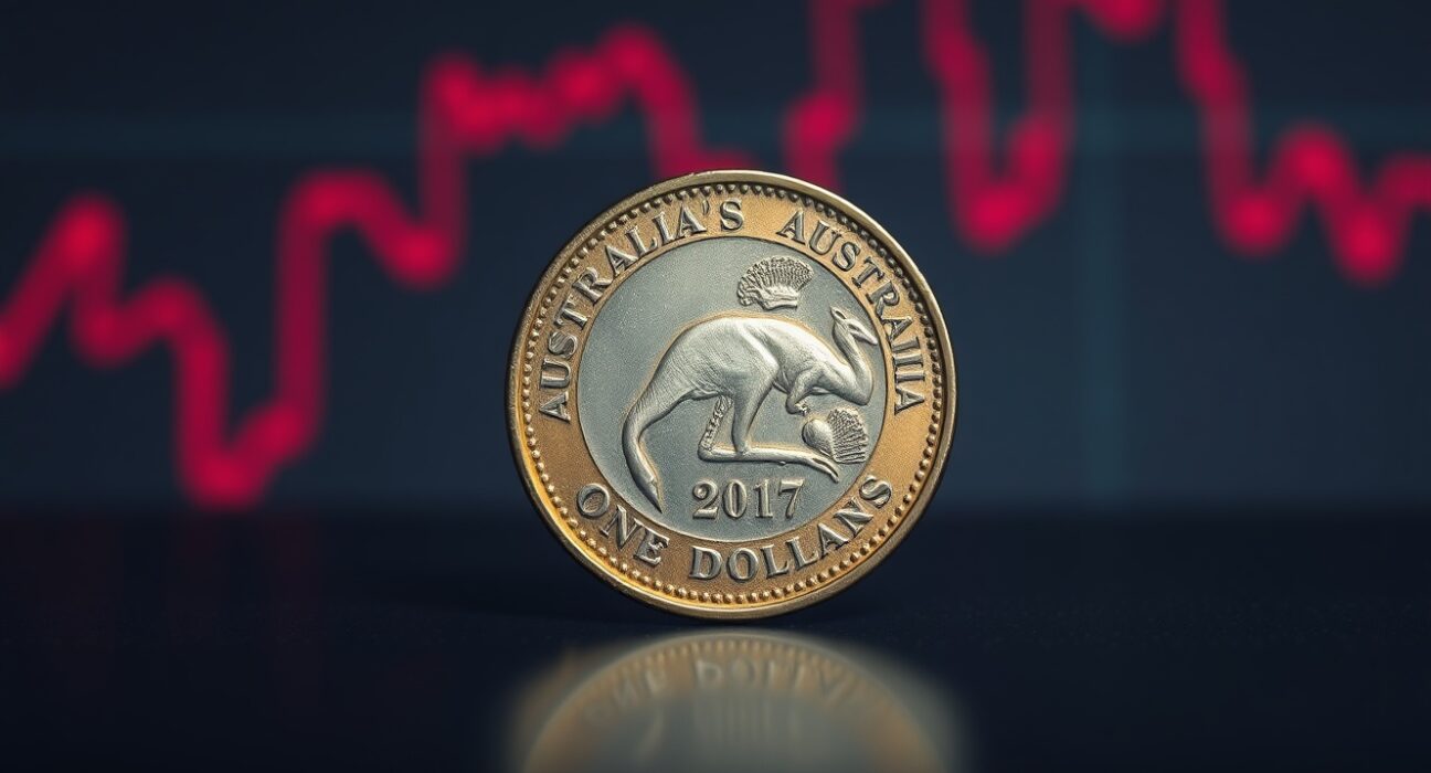 Australian one-dollar coin on a dark reflective surface with a blurred financial chart background.