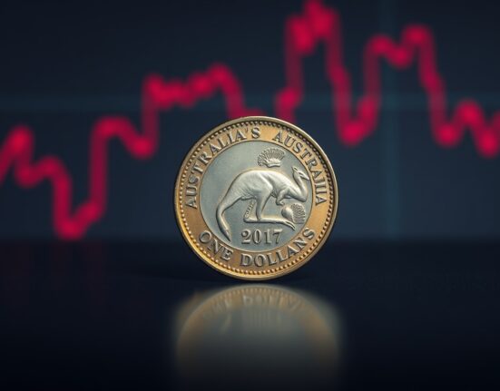 Australian one-dollar coin on a dark reflective surface with a blurred financial chart background.