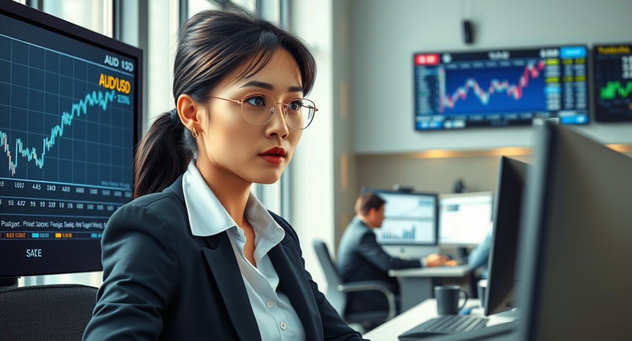 Trader analyzing Australian Dollar currency charts following US-Iran ceasefire announcement ahead of FOMC Minutes release