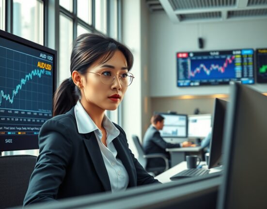 Trader analyzing Australian Dollar currency charts following US-Iran ceasefire announcement ahead of FOMC Minutes release