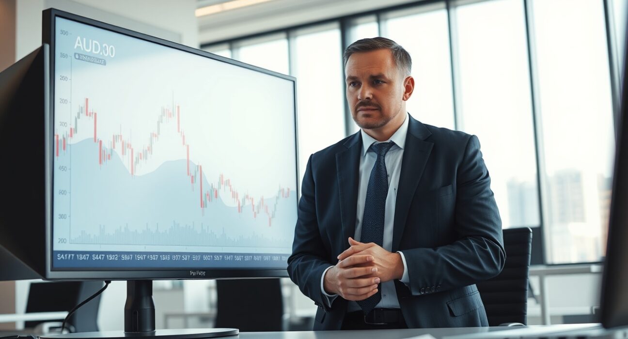 Financial analyst watching Australian dollar chart on screen in trading office
