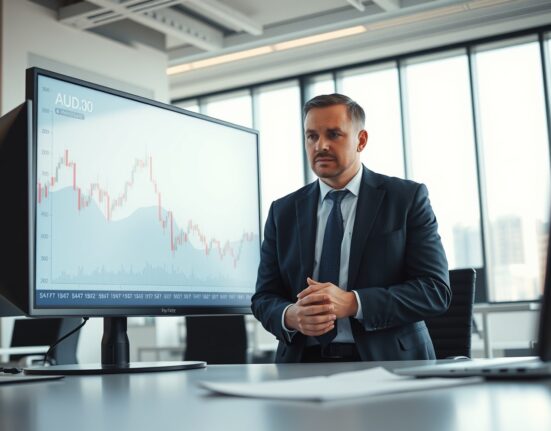 Financial analyst watching Australian dollar chart on screen in trading office