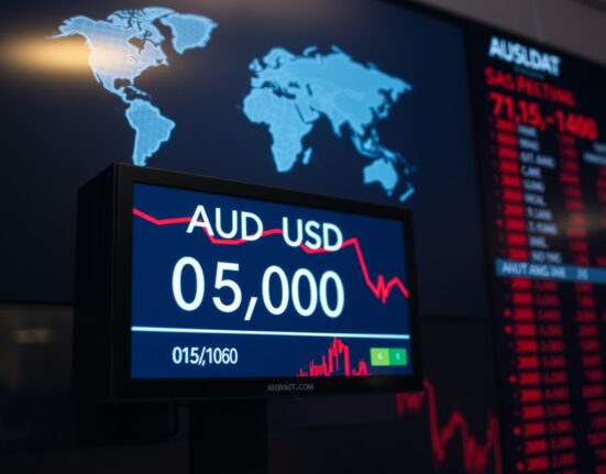 AUD/USD trading screen showing decline below 0.7000 amid geopolitical tensions