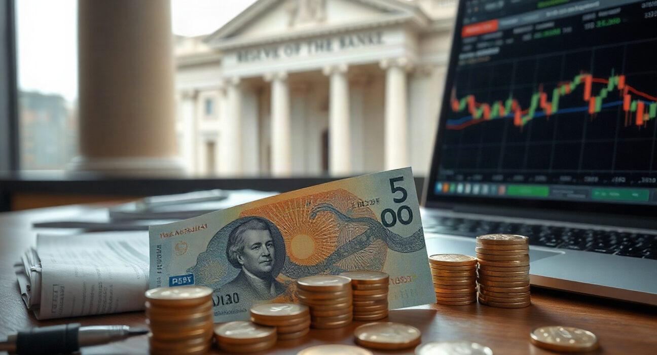 Australian Dollar banknotes and coins with financial chart and RBA building in background