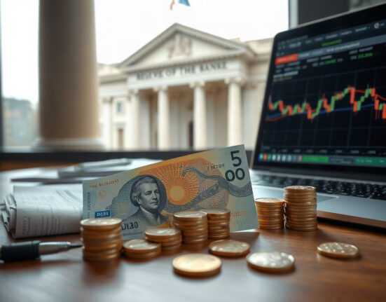 Australian Dollar banknotes and coins with financial chart and RBA building in background